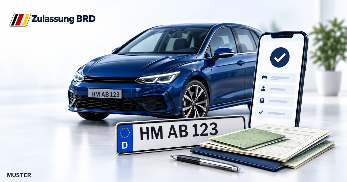 Online Fahrzeugzulassung in Bad Münder am Deister: Musterkennzeichen HM AB 123, Auto und Fahrzeugpapiere und Smartphone. Illustration mit Logo von Zulassung BRD.